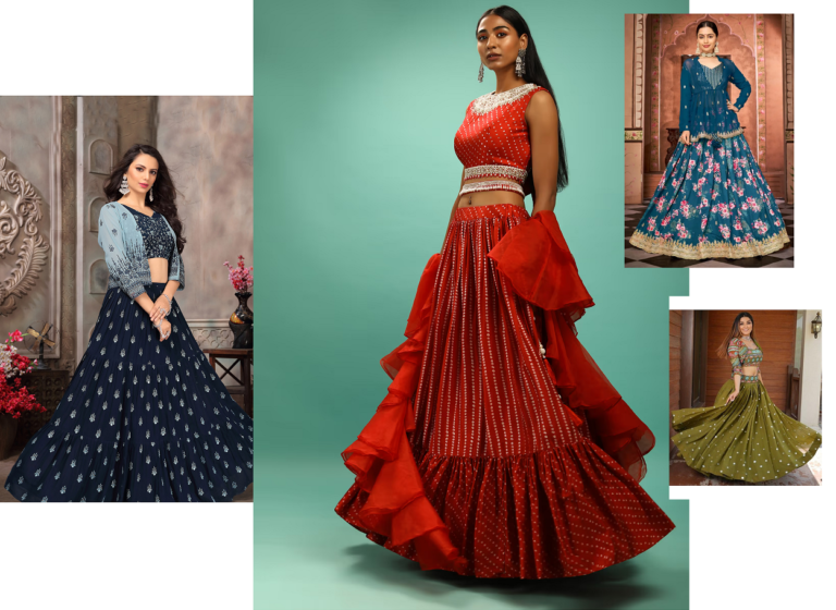 <strong>Stunning Style Fusion: </strong>Crop Top Lehenga<strong> Paired with Potli Bags for a Fashionable Twist!</strong>